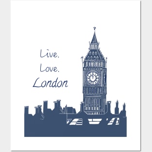 Live Love London Quote Big Ben Linocut Blue andWhite Posters and Art